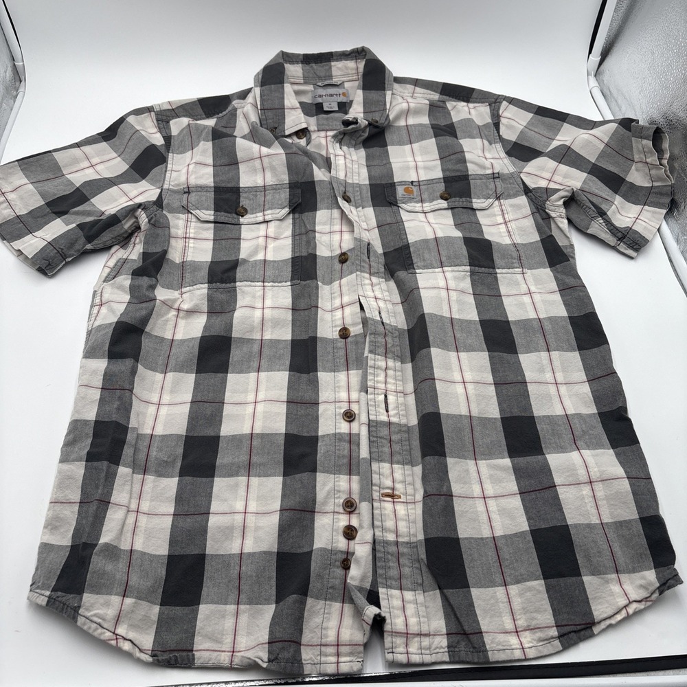 Carhartt Relaxed Fit Button Up Shirt Mens Size Medium Gray White Plaid